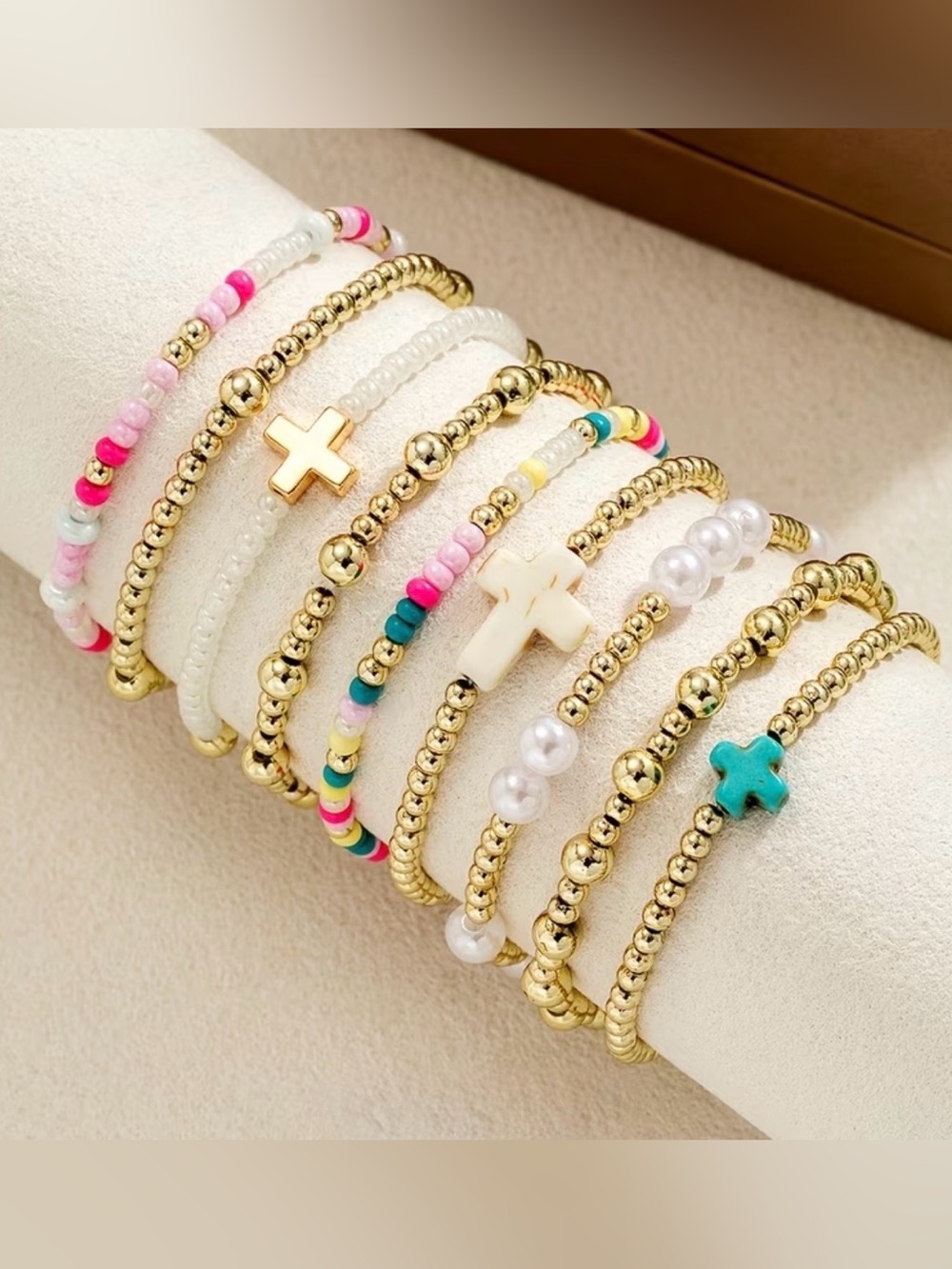 Colorful Gold Beaded Cross Bracelet Stack | Stretch Layered Boho Set